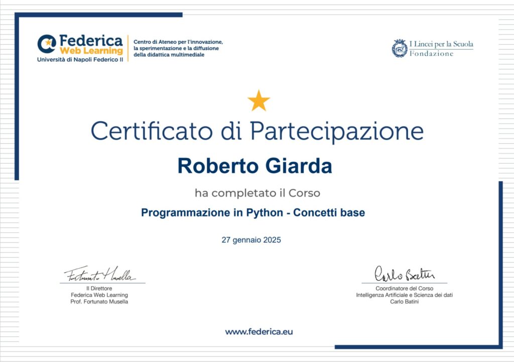 Certificato di partecipazione Programmazione in Python - concetti base